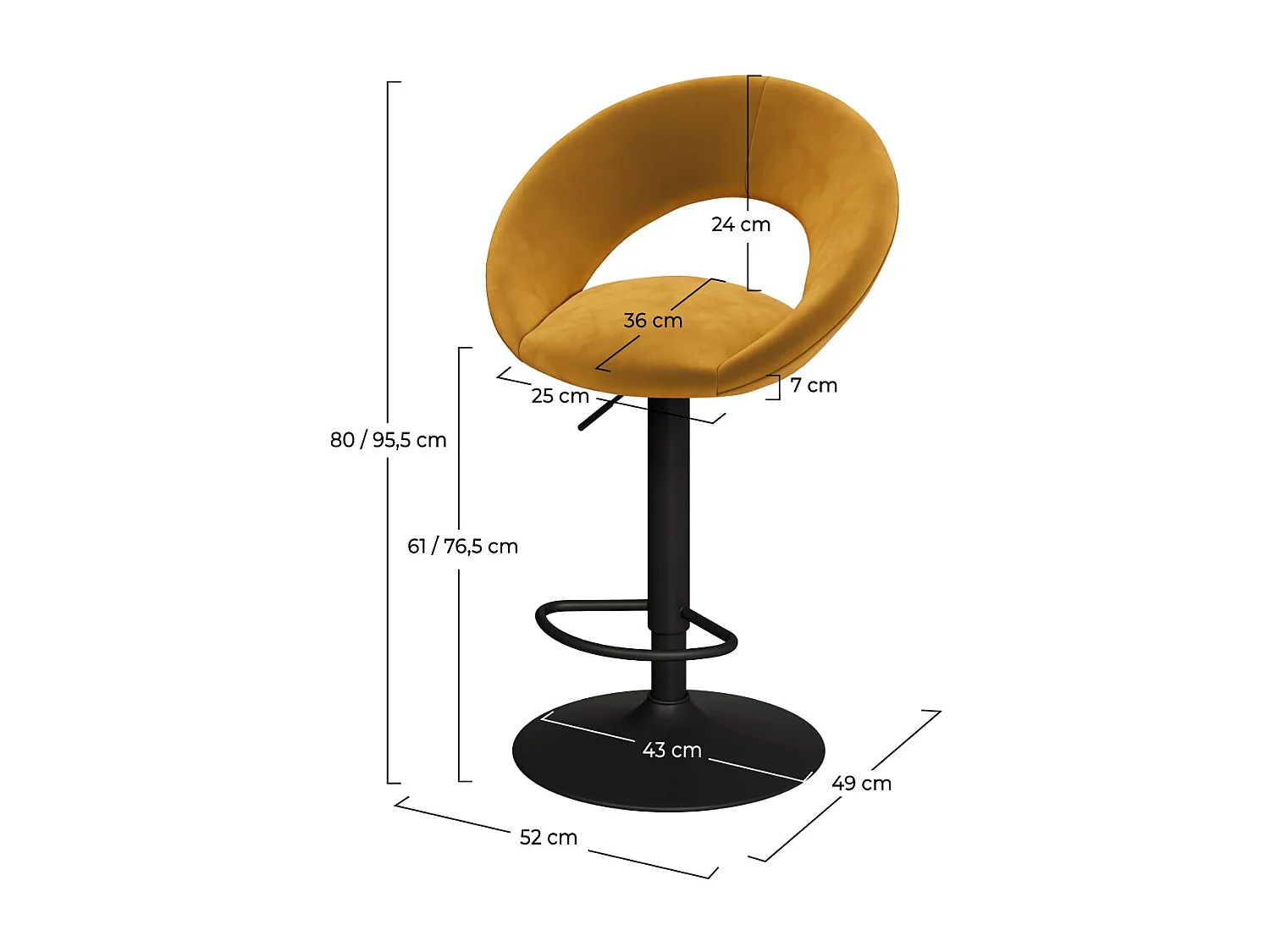 Lot de 2 chaises de bar en velours jaune curry 61/76,5 cm - Cloclo