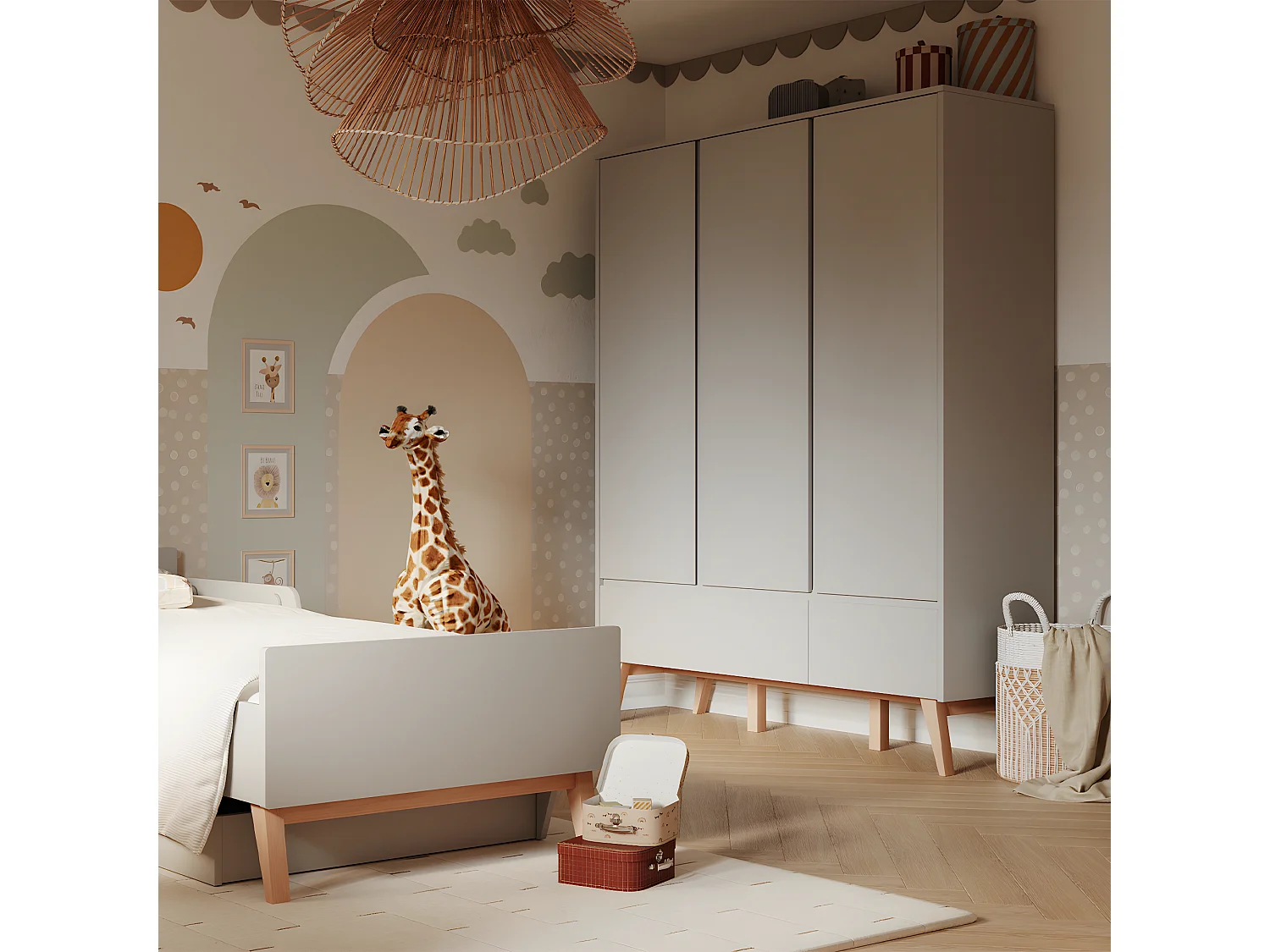 Armoire 3 portes 2 tiroirs Swing Gris et bois