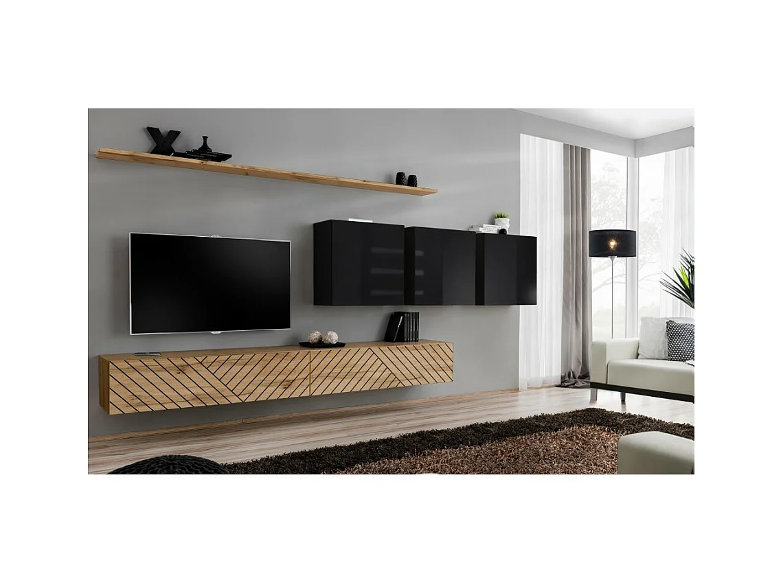Ensemble de meubles de salon SWITCH VII – Chêne Wotan & Noir brillant – Design moderne – 340 cm