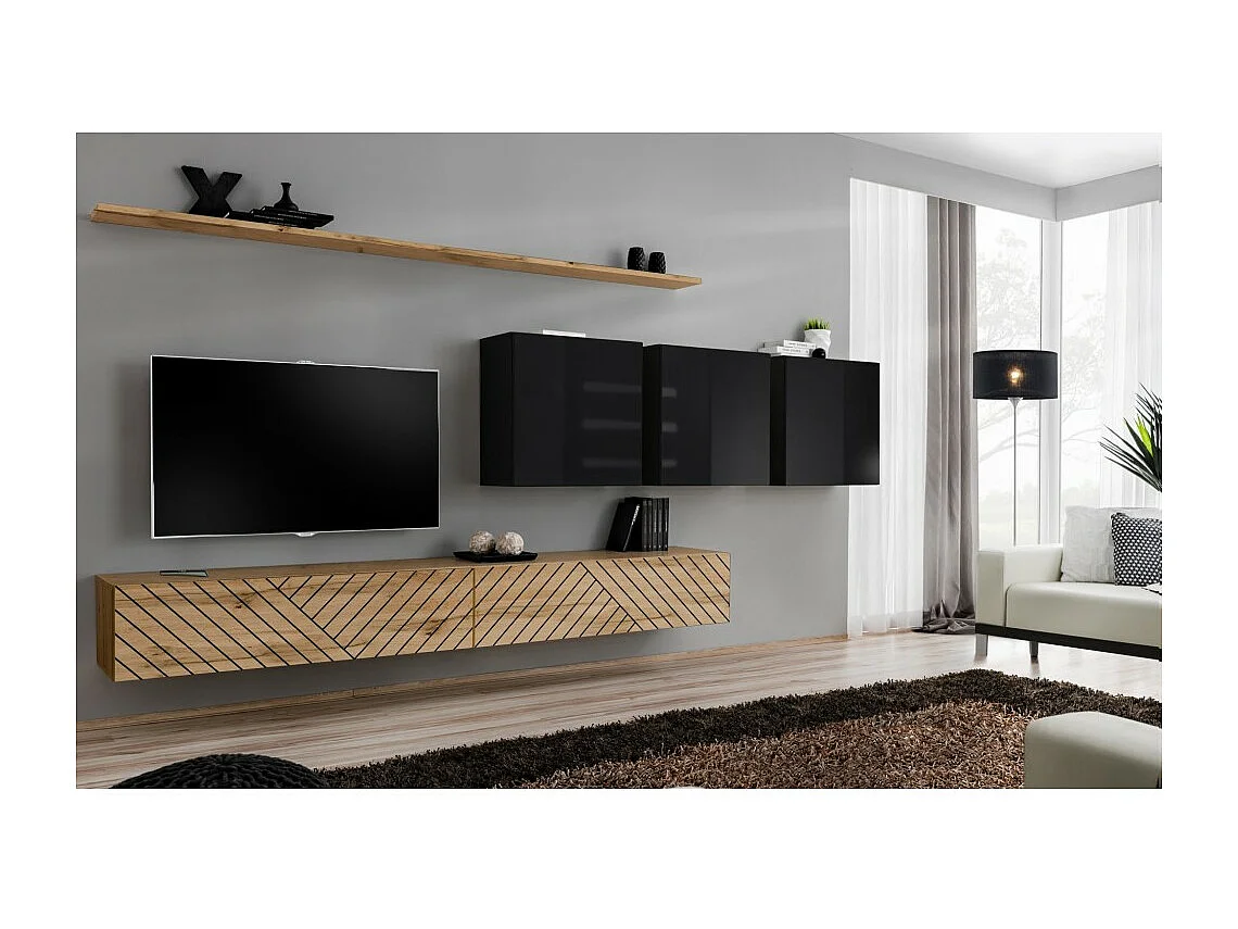 Ensemble de meubles de salon SWITCH VII – Chêne Wotan & Noir brillant – Design moderne – 340 cm