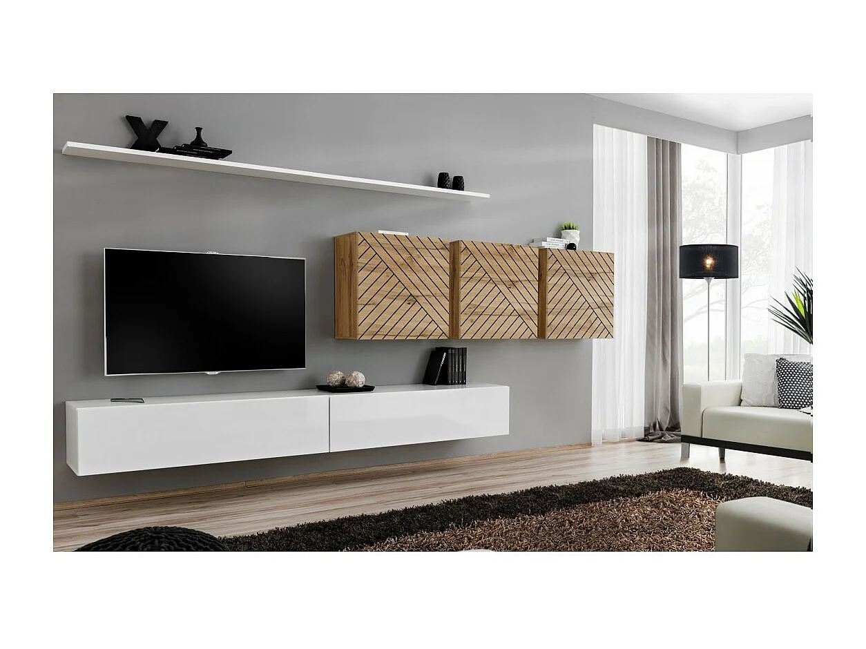 Design woonkamermeubelset uit de collectie SWITCH VII, in wit en eiken met gefreesde afwerkingen.