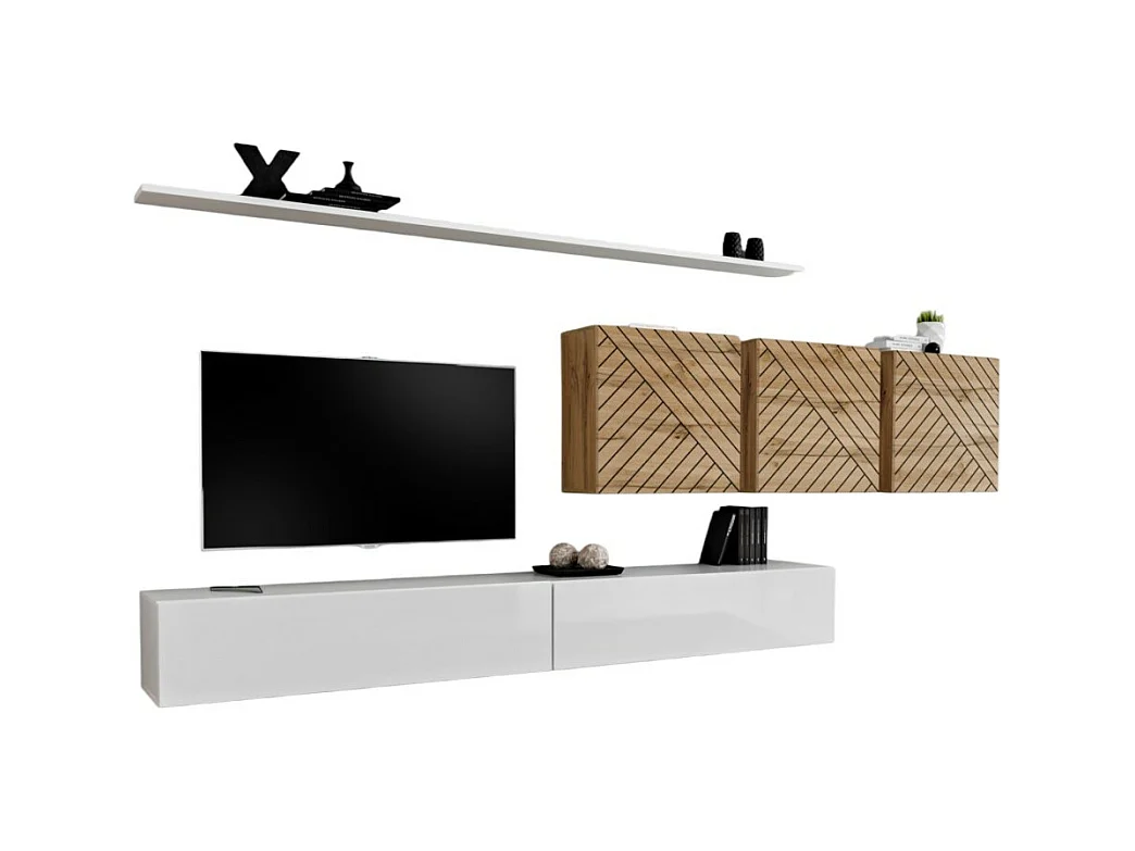 Ensemble de meubles de salon design collection SWITCH VII , coloris blanc et chêne finitions fraisées.