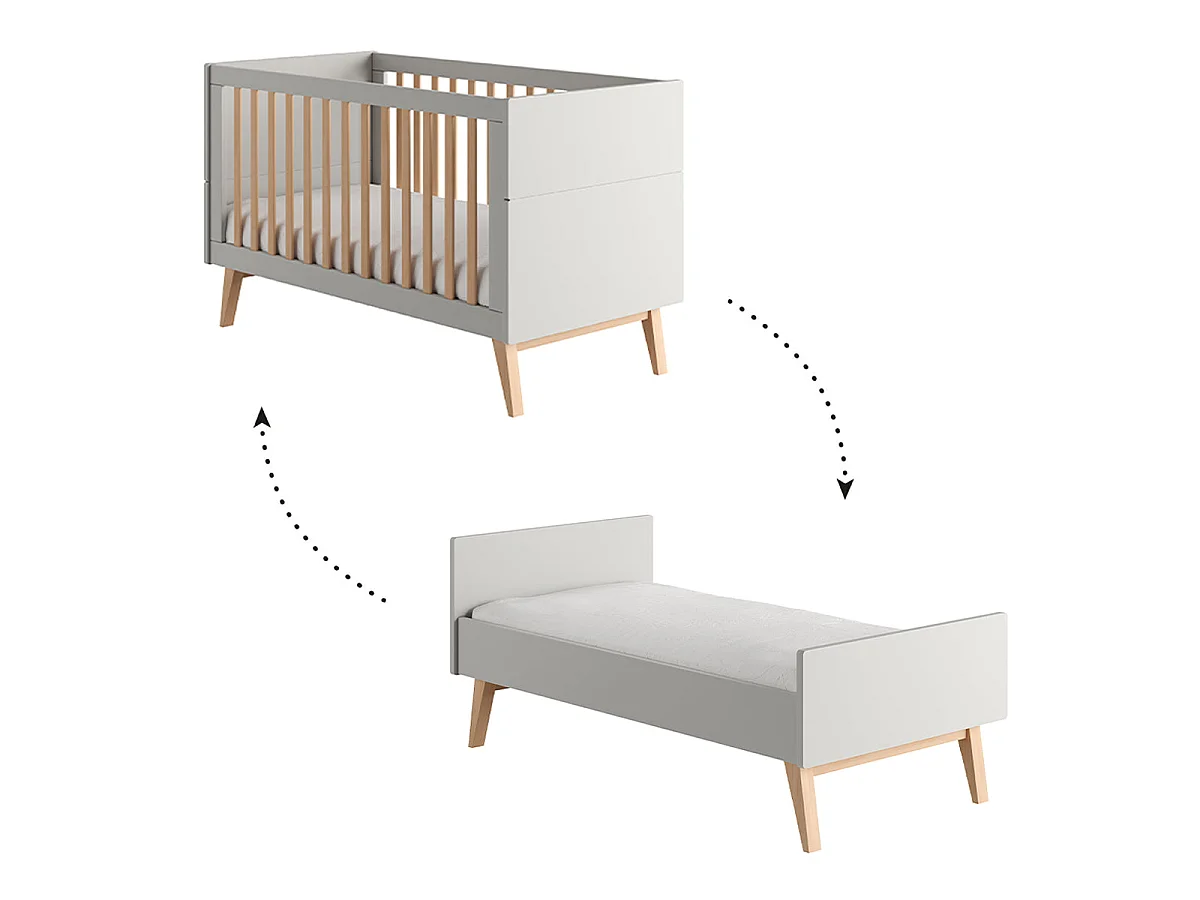 Lit évolutif 70x140 et commode 4 tiroirs 1 porte Pinio Swing Gris et bois