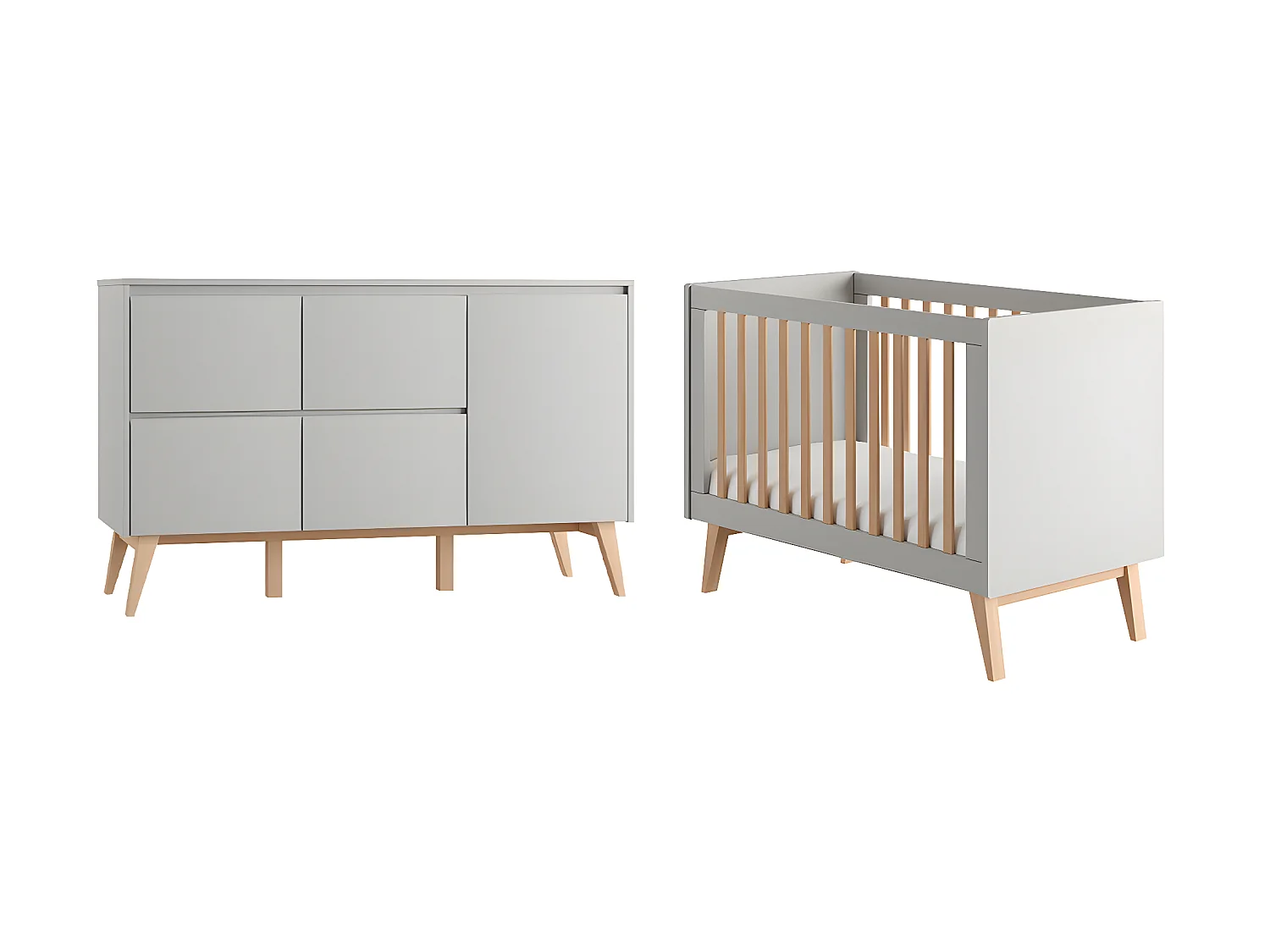 Lit évolutif 60x120 et commode 4 tiroirs 1 porte Swing Gris et bois