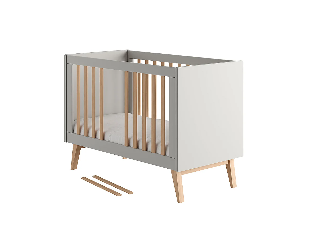 Lit évolutif 60x120 et commode 4 tiroirs 1 porte Pinio Swing Gris et bois