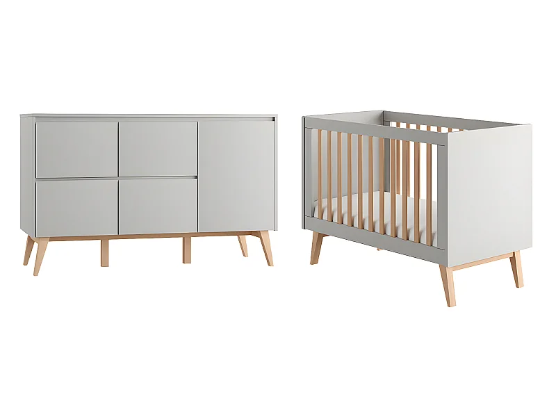 Lit évolutif 60x120 et commode 4 tiroirs 1 porte Swing Gris et bois