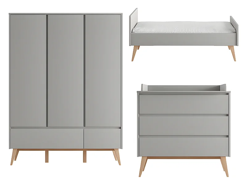 Chambre complète lit évolutif 70x140 commode à langer et armoire 3 portes Swing Gris et bois