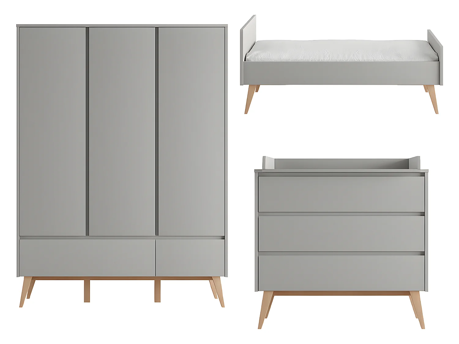 Chambre complète lit évolutif 70x140 commode à langer et armoire 3 portes Swing Gris et bois