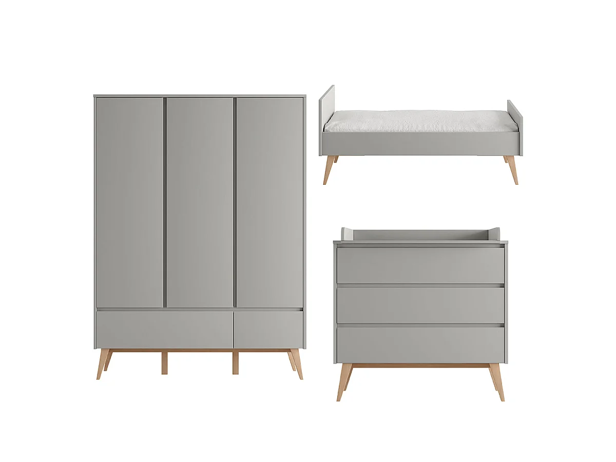 Chambre complète lit évolutif 70x140 commode à langer et armoire 3 portes Pinio Swing Gris et bois
