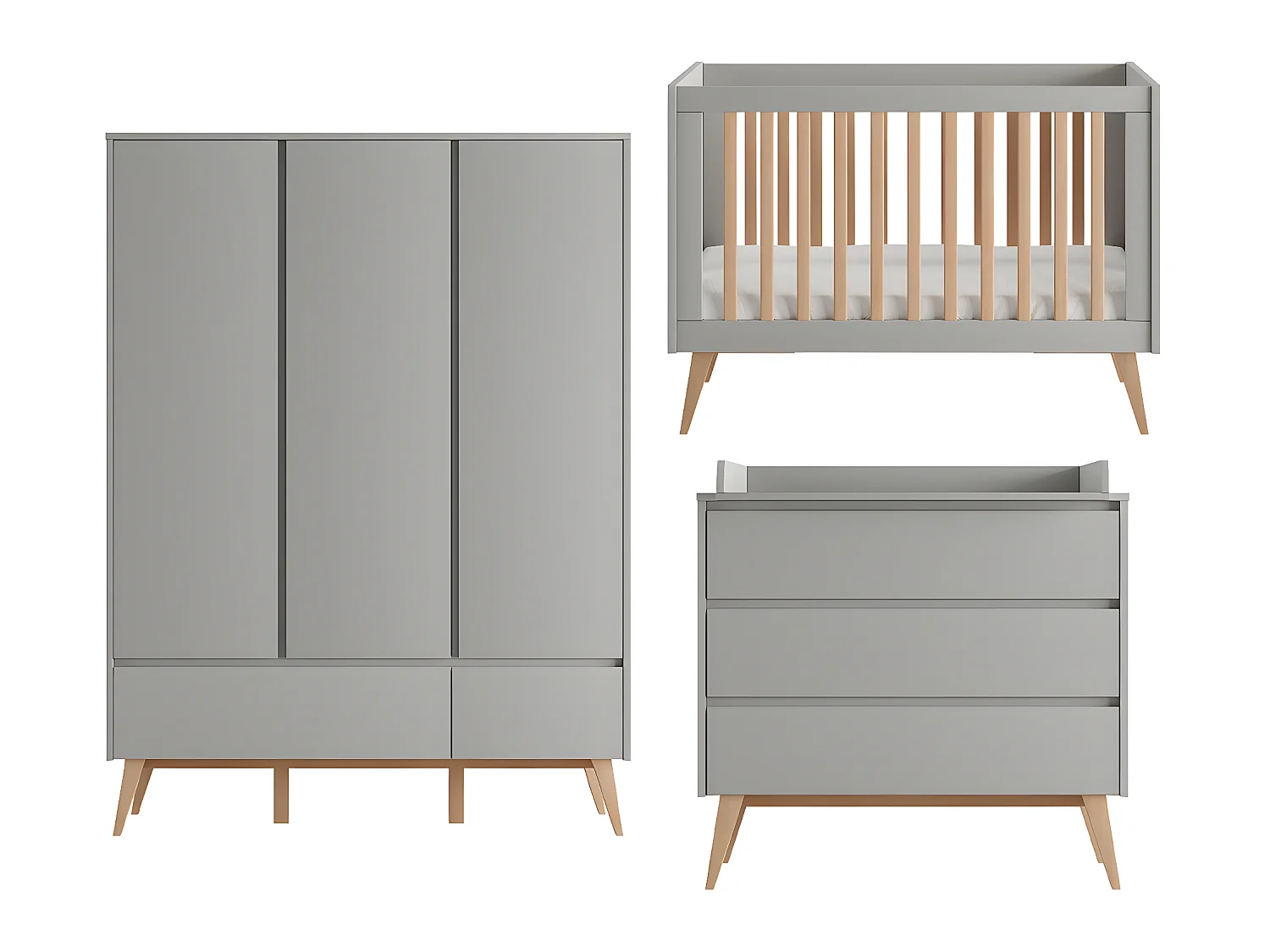 Chambre complète lit évolutif 60x120 commode à langer et armoire 3 portes Swing Gris et bois
