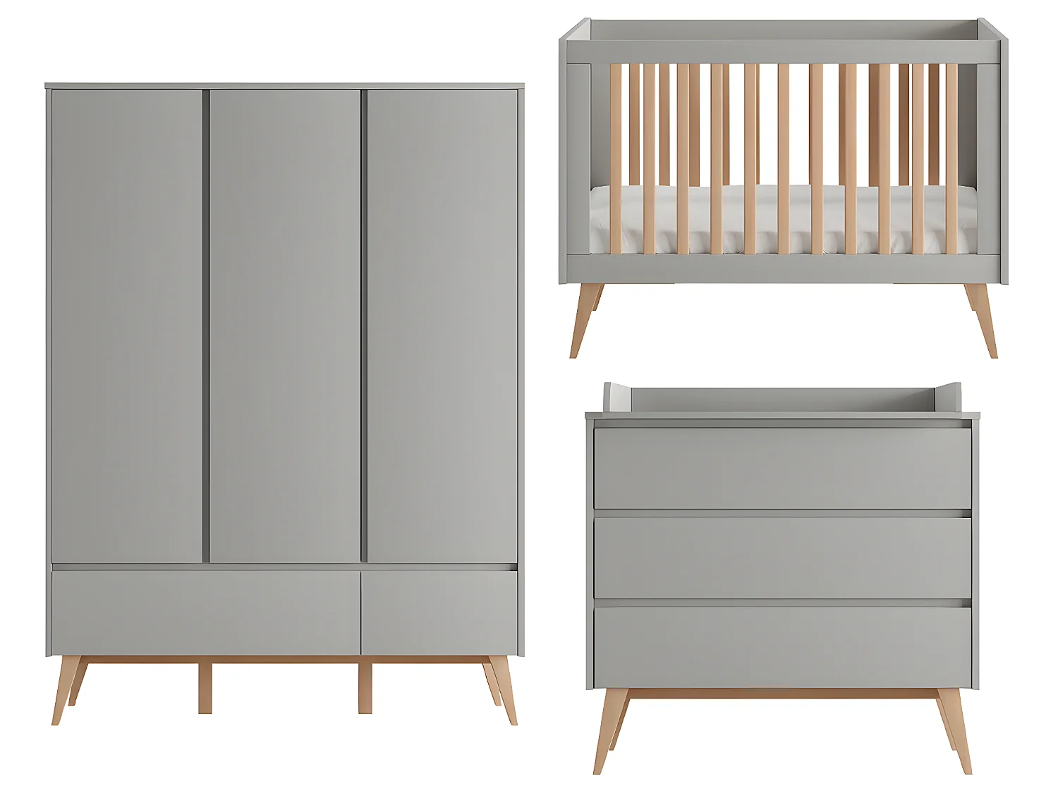 Chambre complète lit évolutif 60x120 commode à langer et armoire 3 portes Swing Gris et bois