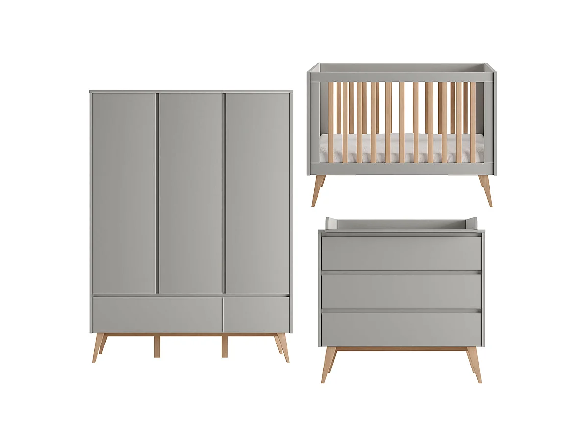 Chambre complète lit évolutif 60x120 commode à langer et armoire 3 portes Pinio Swing Gris et bois