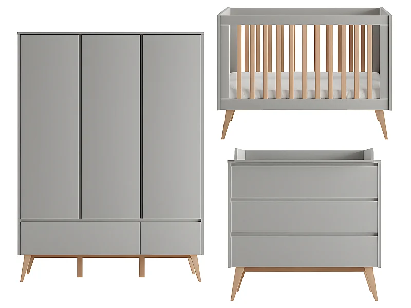 Chambre complète lit évolutif 60x120 commode à langer et armoire 3 portes Swing Gris et bois