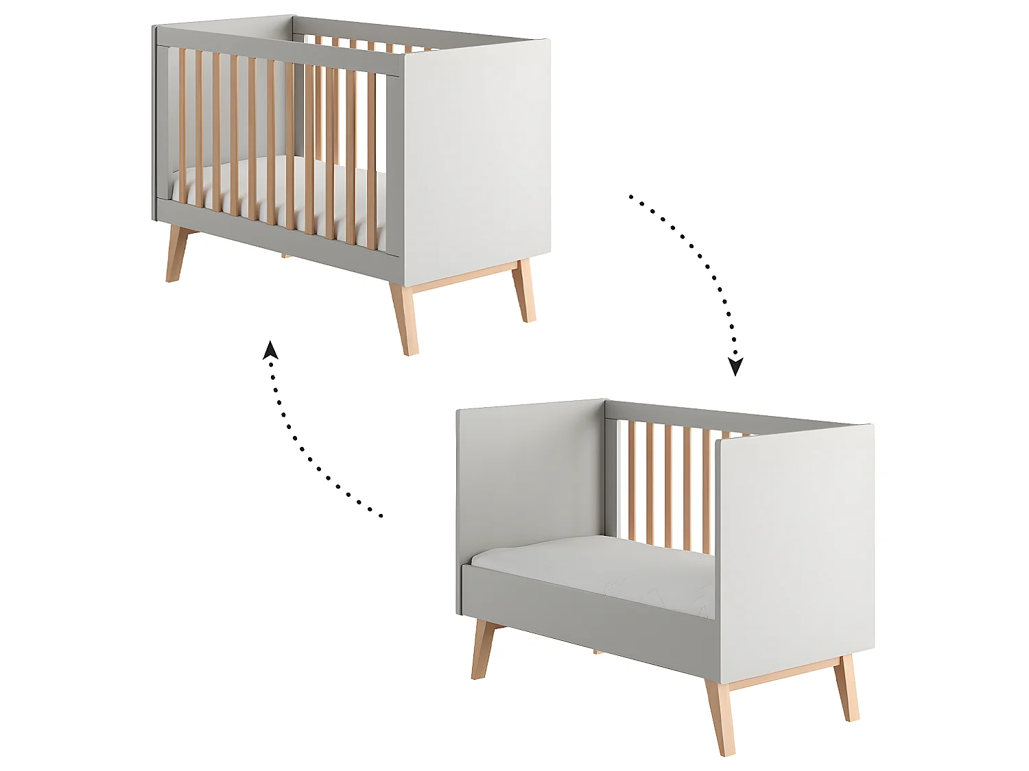 Lit évolutif 60x120 et commode 3 tiroirs Swing Gris et bois