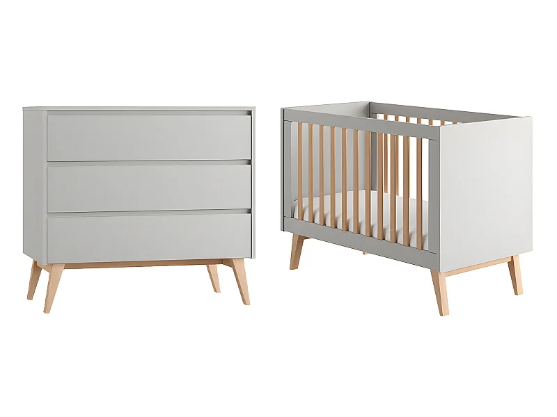 Lit évolutif 60x120 et commode 3 tiroirs Swing Gris et bois