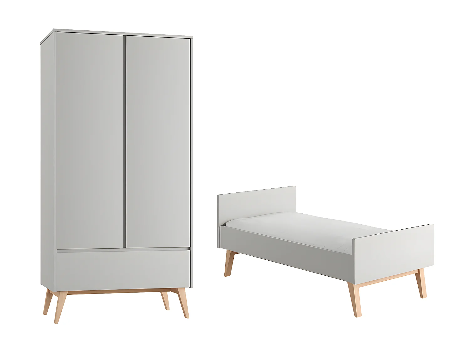 Lit évolutif 70x140 et armoire 2 portes Swing Gris et bois