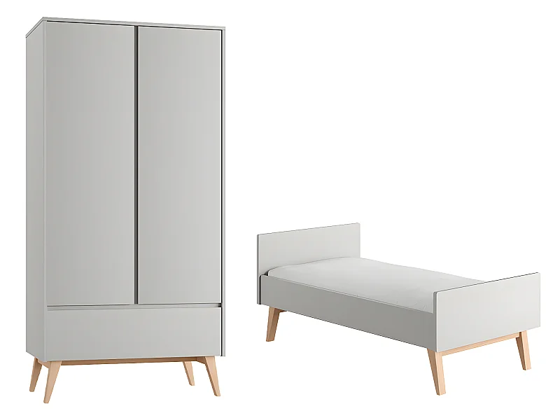 Lit évolutif 70x140 et armoire 2 portes Swing Gris et bois
