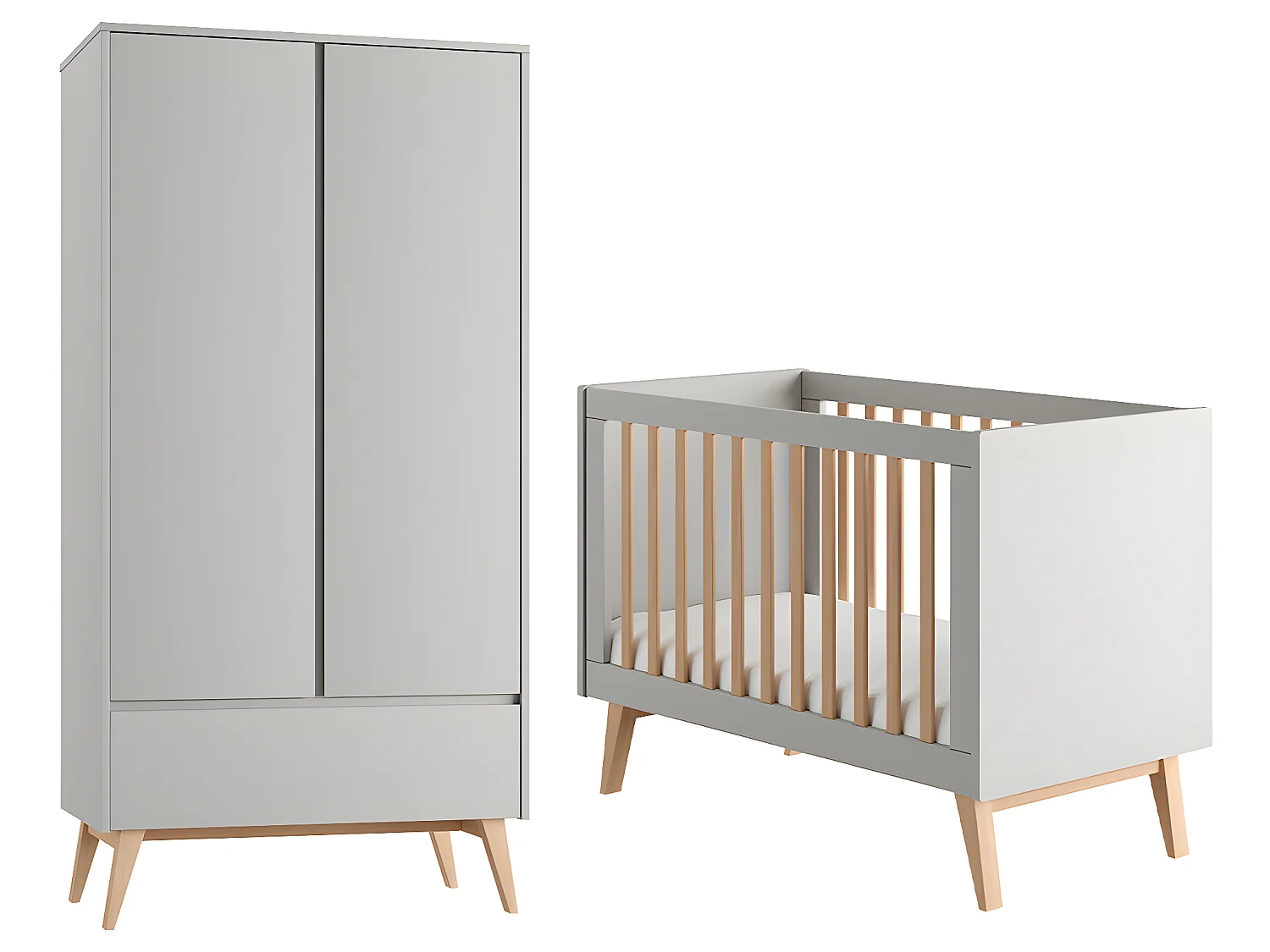 Lit évolutif 60x120 et armoire 2 portes Swing Gris et bois