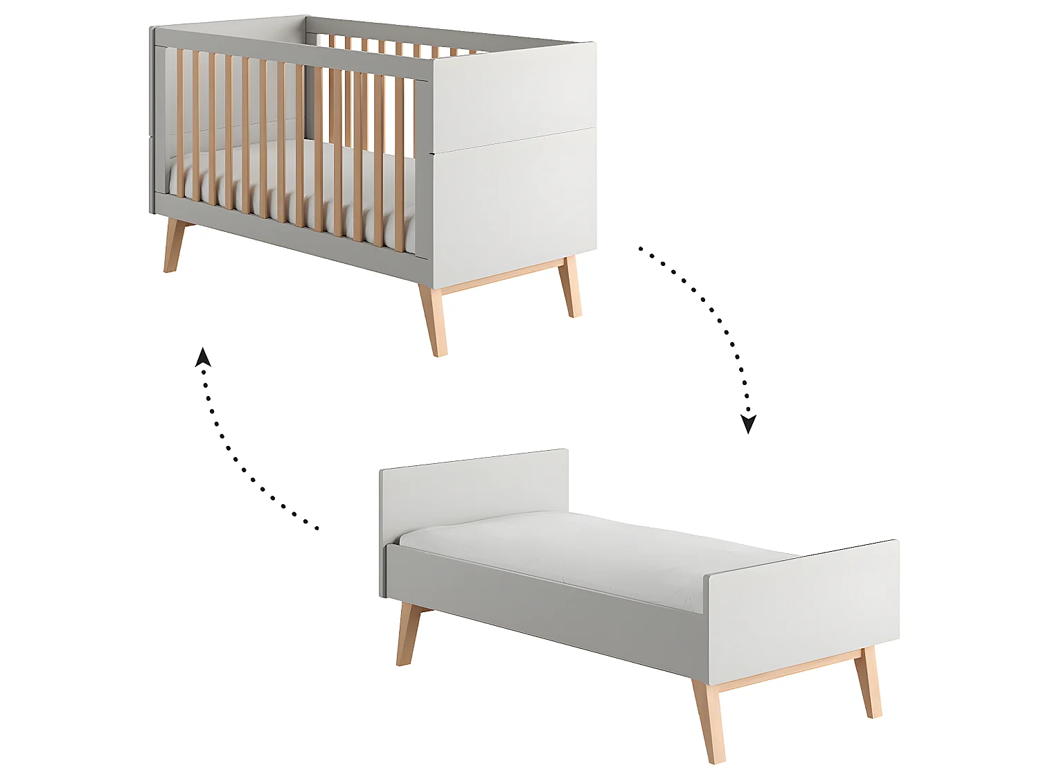 Lit évolutif 70x140 et commode 3 tiroirs Swing Gris et bois