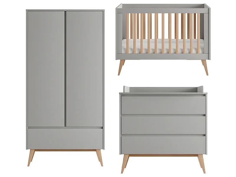 Chambre complète lit évolutif 60x120 commode à langer et armoire 2 portes Swing Gris et bois