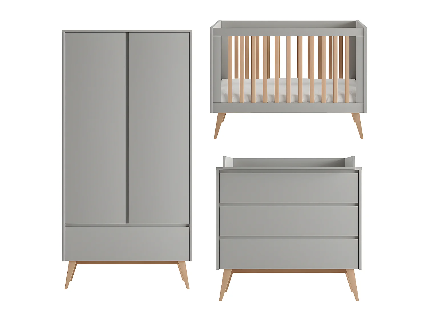 Chambre complète lit évolutif 60x120 commode à langer et armoire 2 portes Swing Gris et bois
