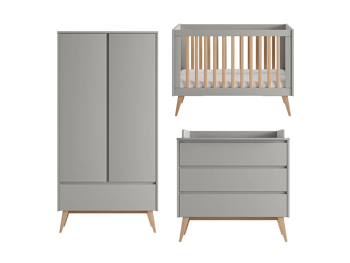 Chambre complète lit évolutif 60x120 commode à langer et armoire 2 portes Pinio Swing Gris et bois