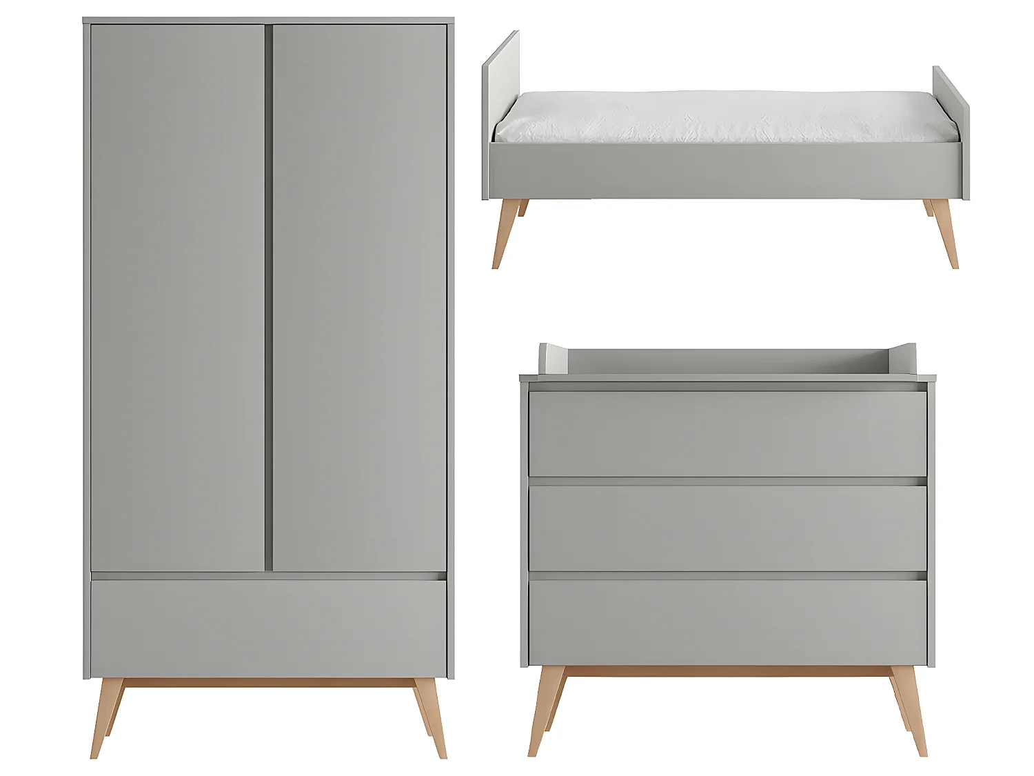 Chambre complète lit évolutif 70x140 commode à langer et armoire 2 portes Swing Gris et bois