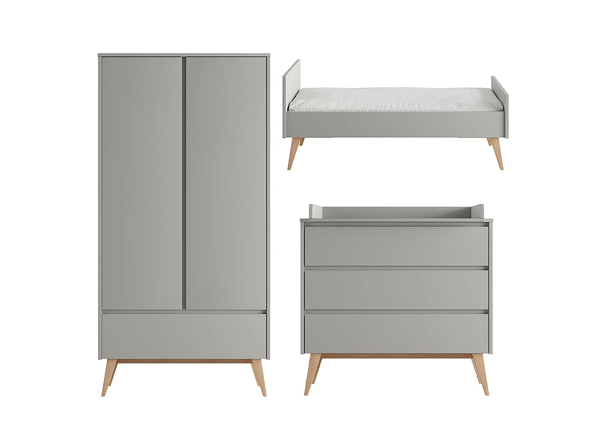 Chambre complète lit évolutif 70x140 commode à langer et armoire 2 portes Pinio Swing Gris et bois