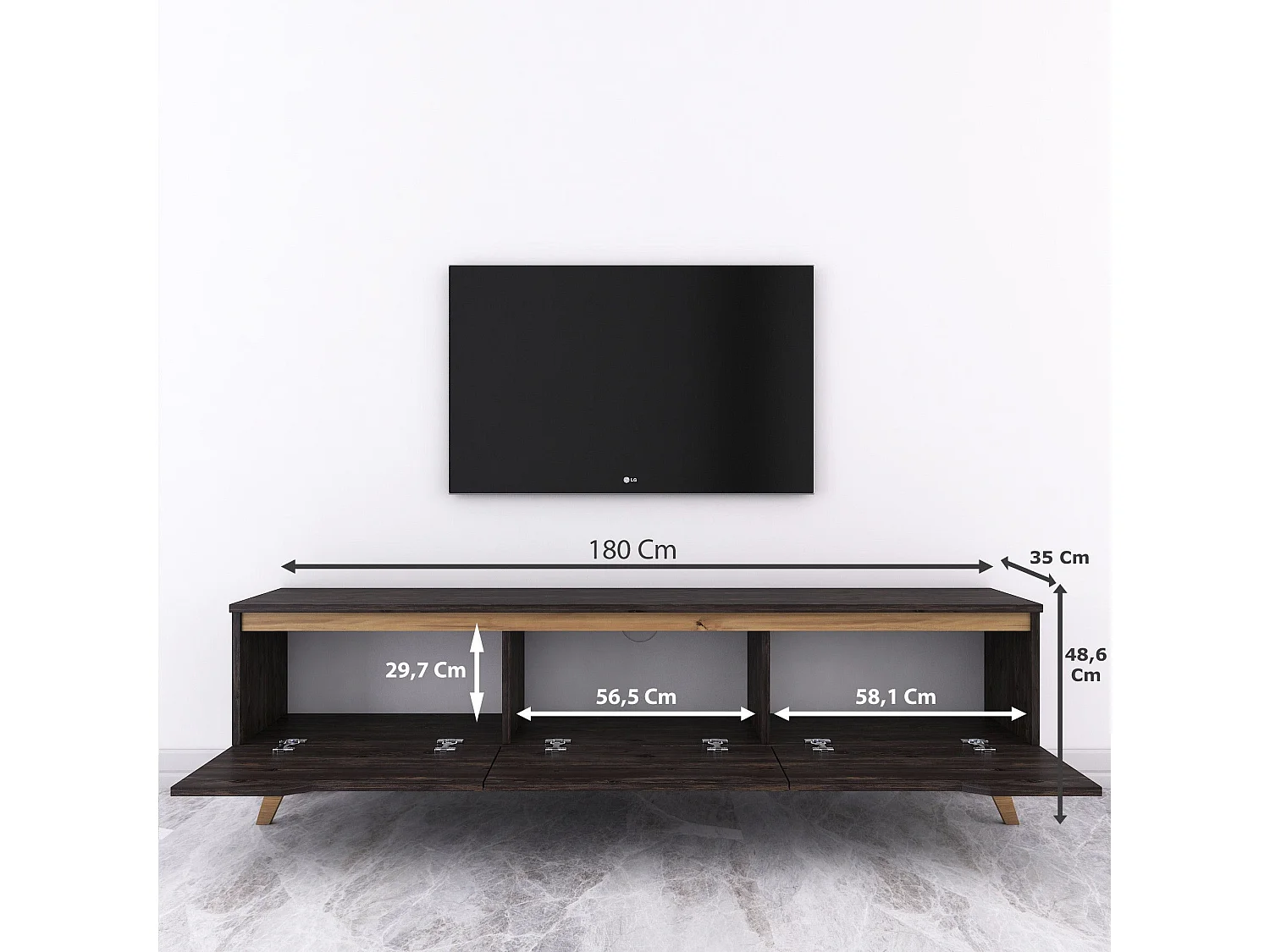 Móvel de TV elegante – 180 x 48,6 x 35 cm – Preto e nogueira – Painel de partículas revestido de melamina