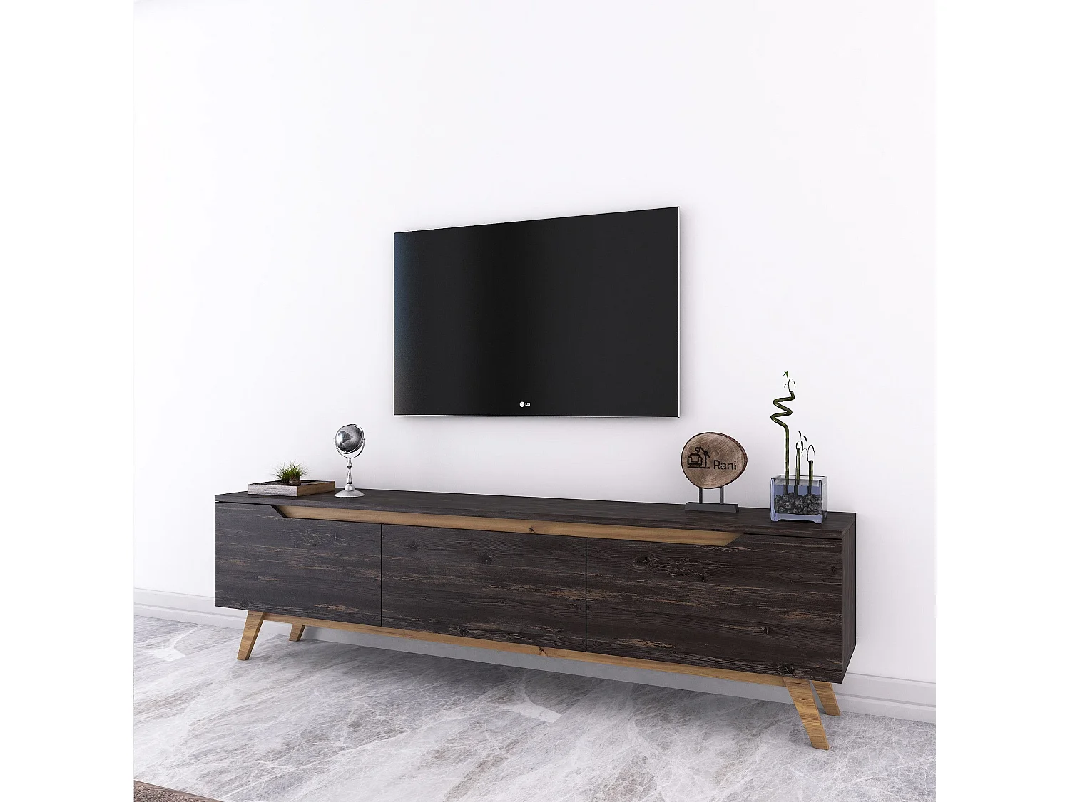 Elegancka szafka pod telewizor – 180 x 48,6 x 35 cm – Kolor czarny i orzechowy – Płyta wiórowa pokryta melaminą