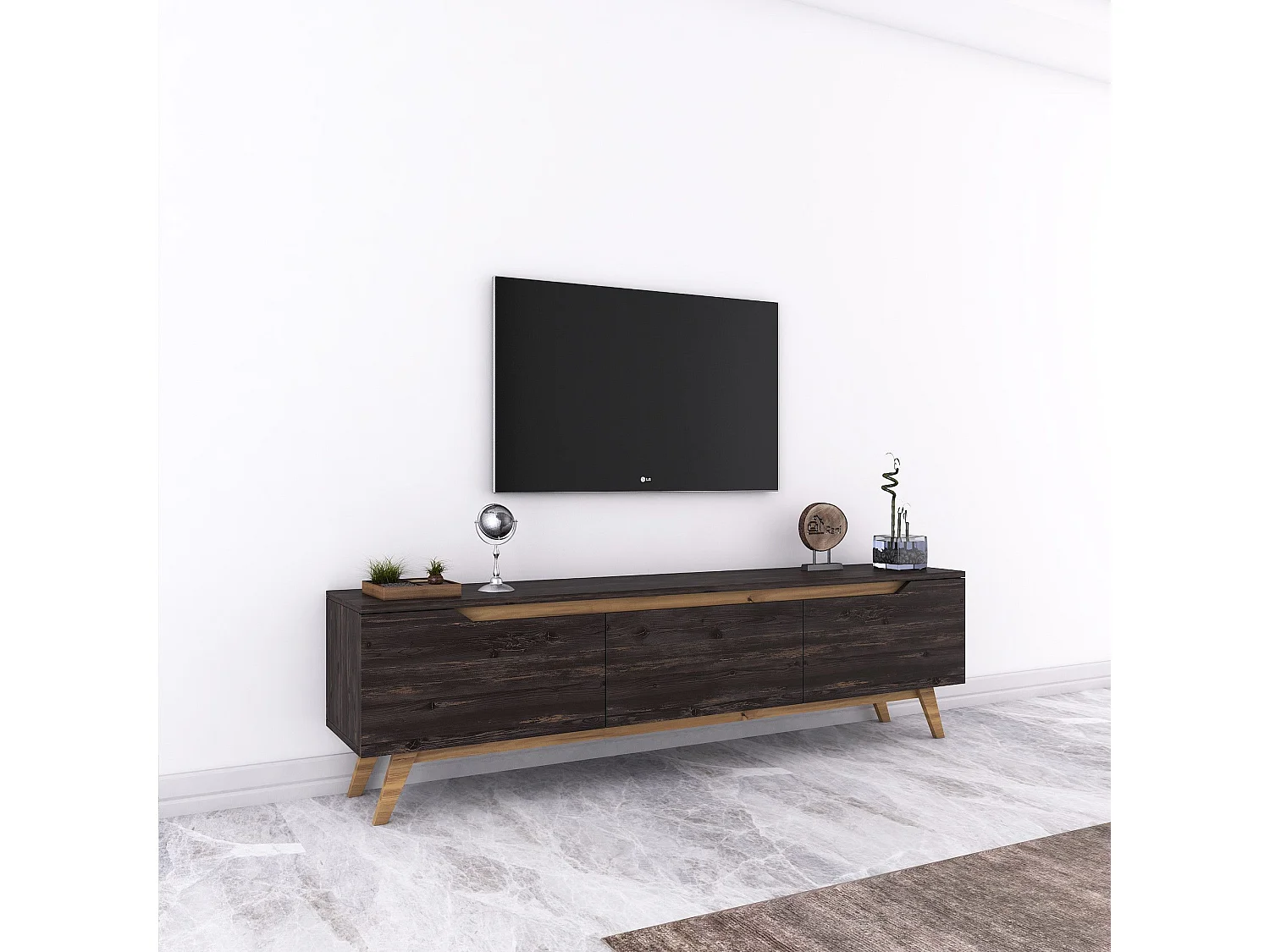 Elegancka szafka pod telewizor – 180 x 48,6 x 35 cm – Kolor czarny i orzechowy – Płyta wiórowa pokryta melaminą