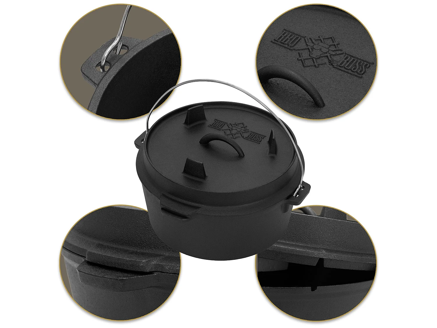 Dutch Oven Set BBQ 4,2L noir en fonte avec lève-couvercle et dessous de plat BBQ#BOSS