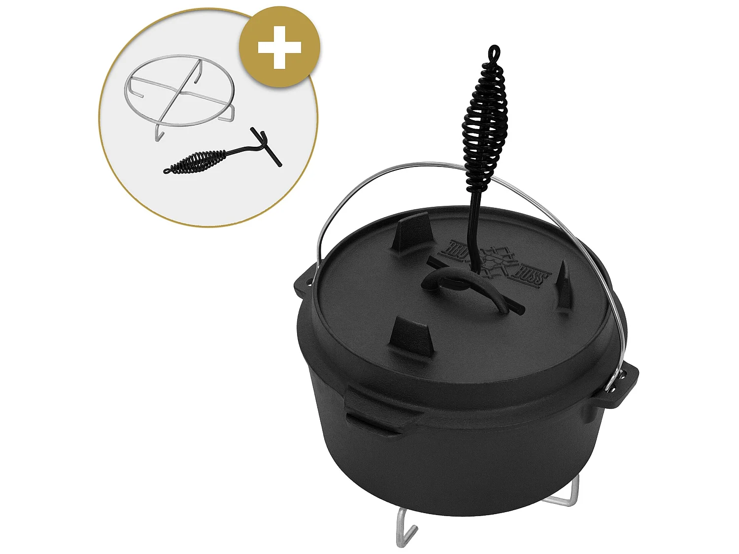 Dutch Oven Set BBQ 4,2L noir en fonte avec lève-couvercle et dessous de plat BBQ#BOSS