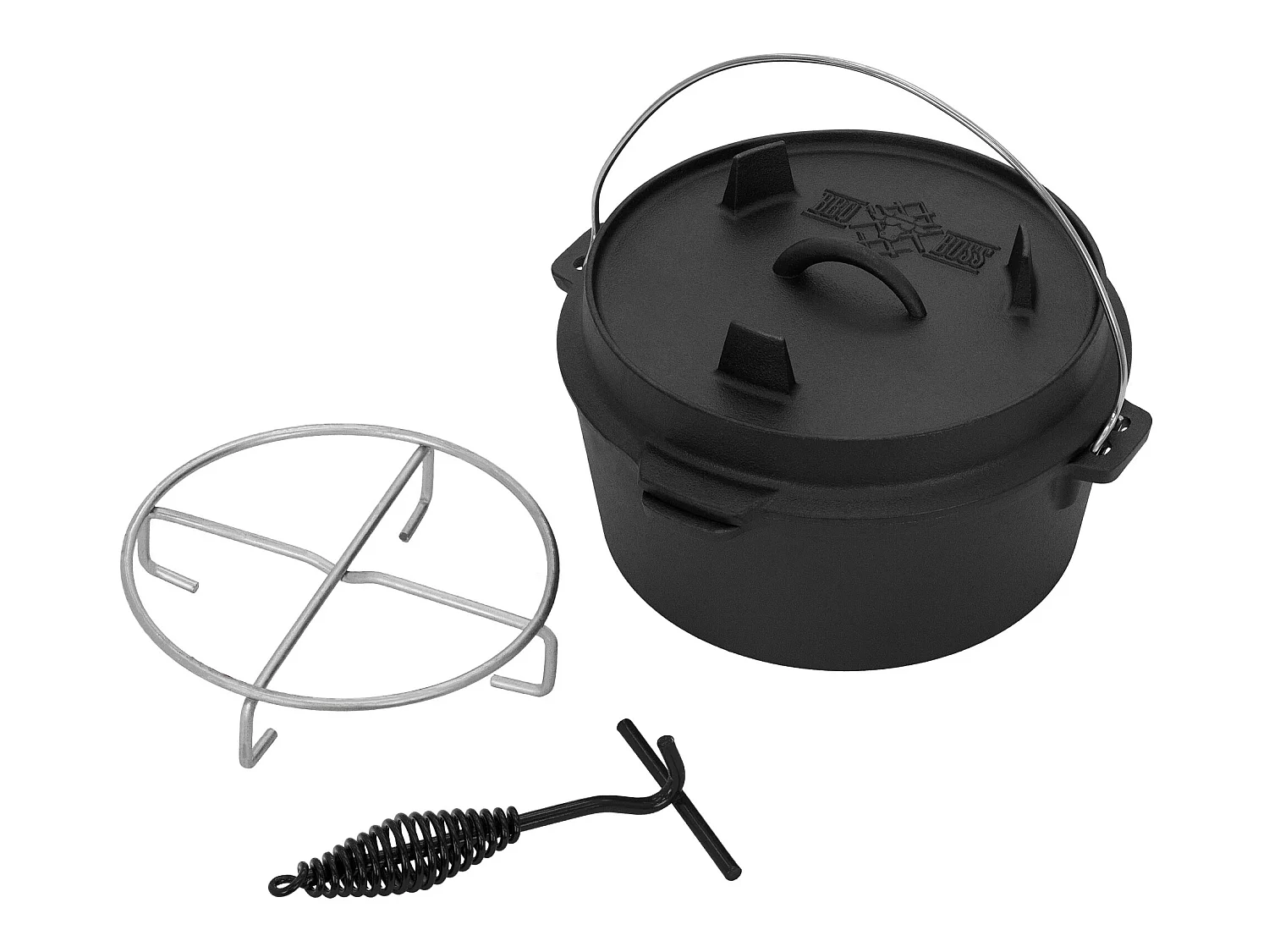 Dutch Oven Set BBQ 4,2L noir en fonte avec lève-couvercle et dessous de plat BBQ#BOSS