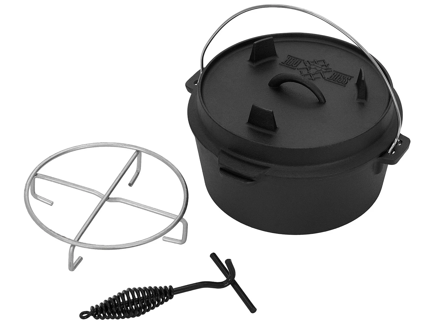 Juego de horno holandés BBQ de 4,2 L de hierro fundido negro con levantador de tapa y salvamanteles para barbacoa#BOSS