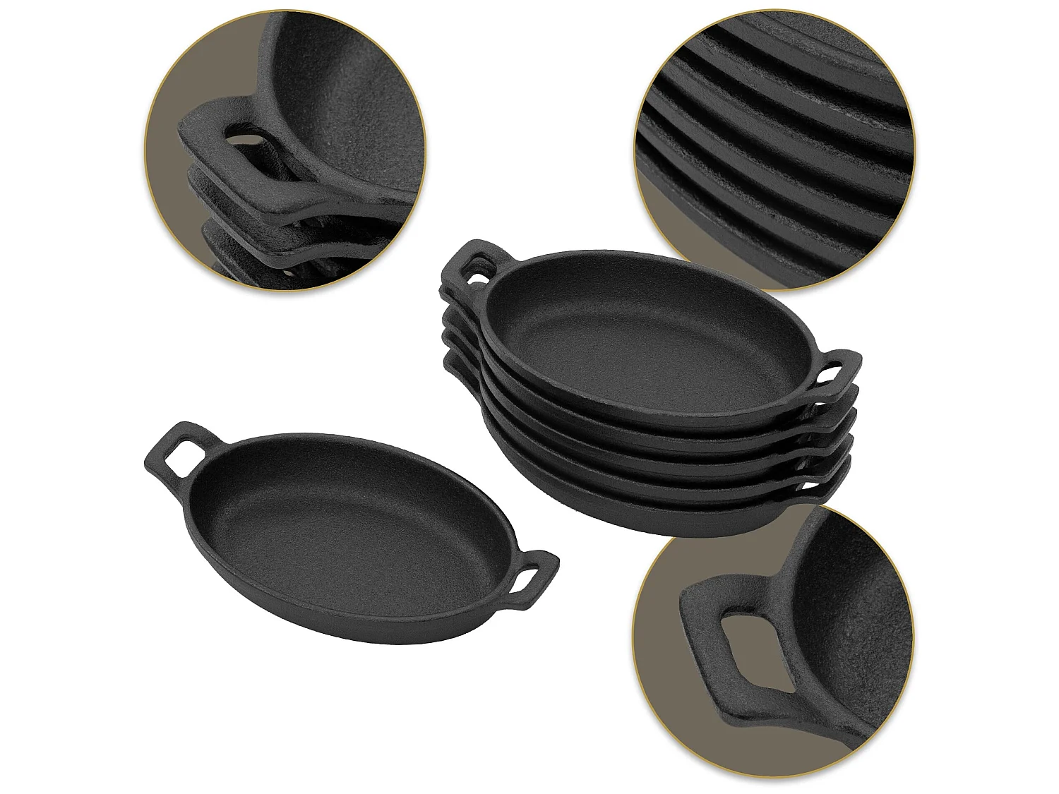 Set 6 padelle da portata in ghisa, forma ovale, per il campeggio e l'esterno Black BBQ#BOSS
