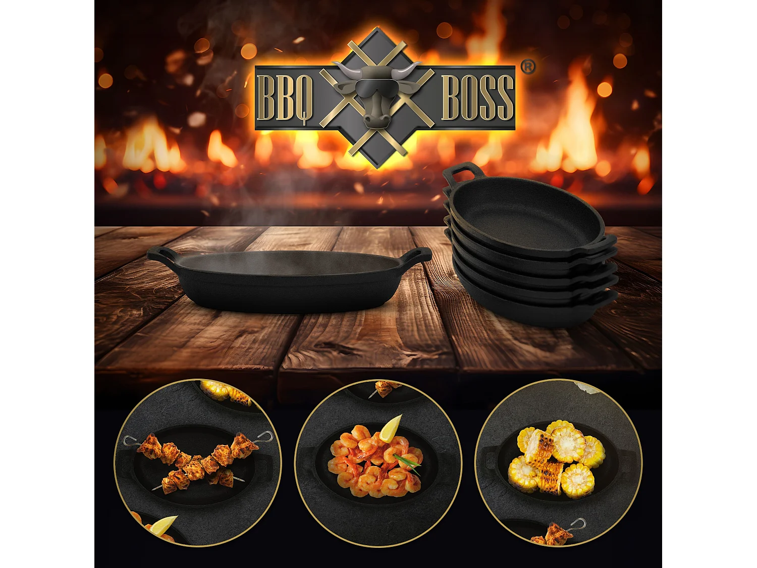 Set 6 padelle da portata in ghisa, forma ovale, per il campeggio e l'esterno Black BBQ#BOSS