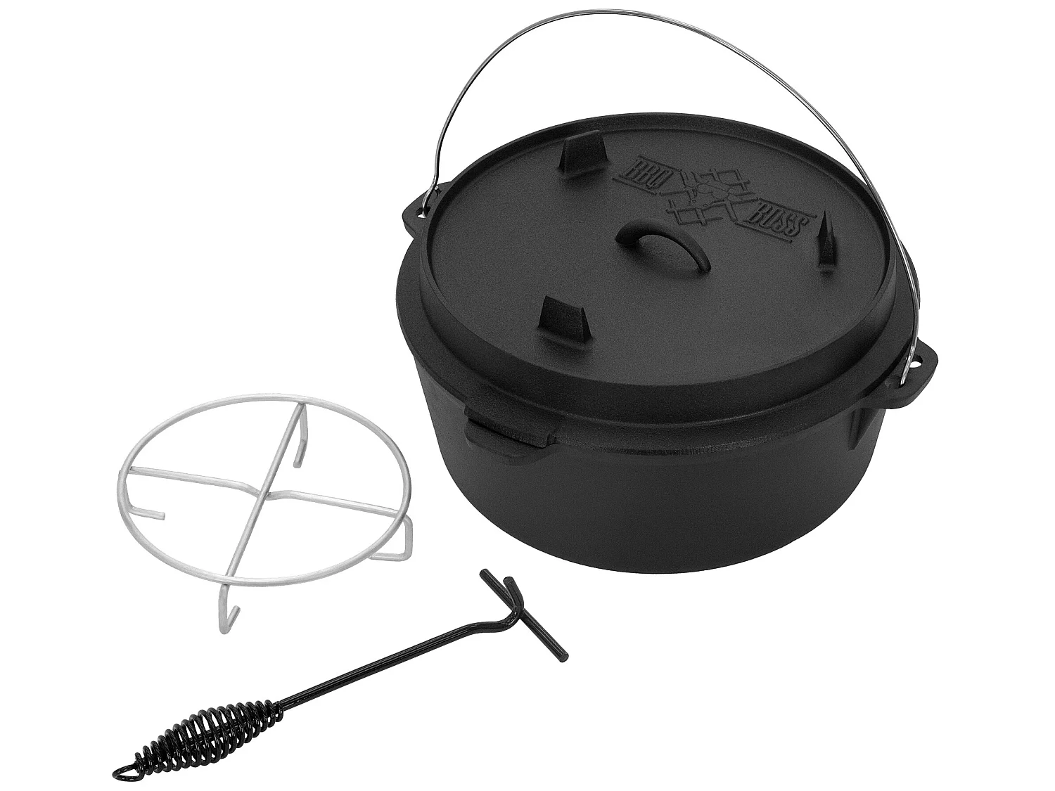Set da forno olandese per barbecue in ghisa nera da 13,6 litri con alzacoperchio e sottopentola per barbecue#BOSS