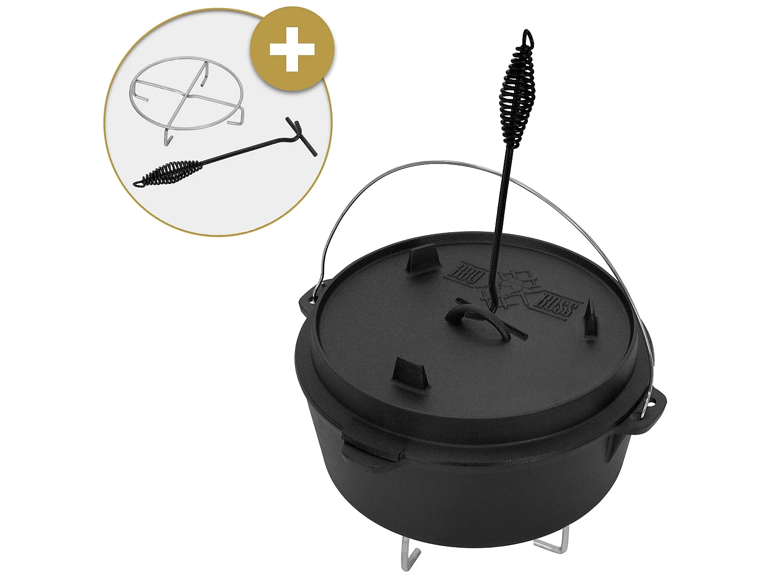 Set da forno olandese per barbecue in ghisa nera da 13,6 litri con alzacoperchio e sottopentola per barbecue#BOSS