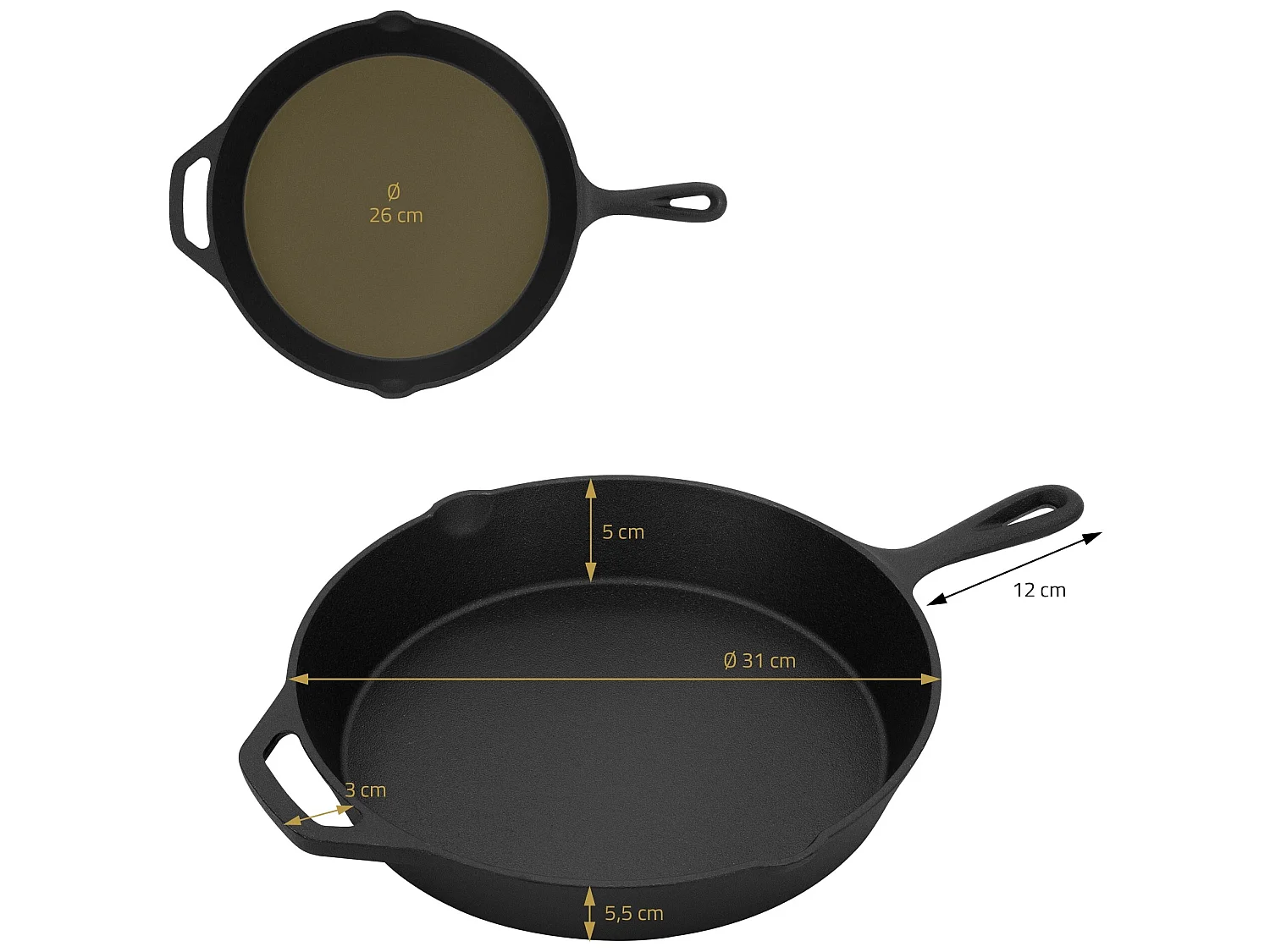 Sartén de hierro fundido con doble asa y mango. Pico vertedor para camping y exteriores Ø31 cm Negro