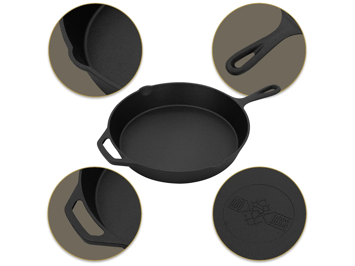 Sartén de hierro fundido con doble asa y mango. Pico vertedor para camping y exteriores Ø31 cm Negro