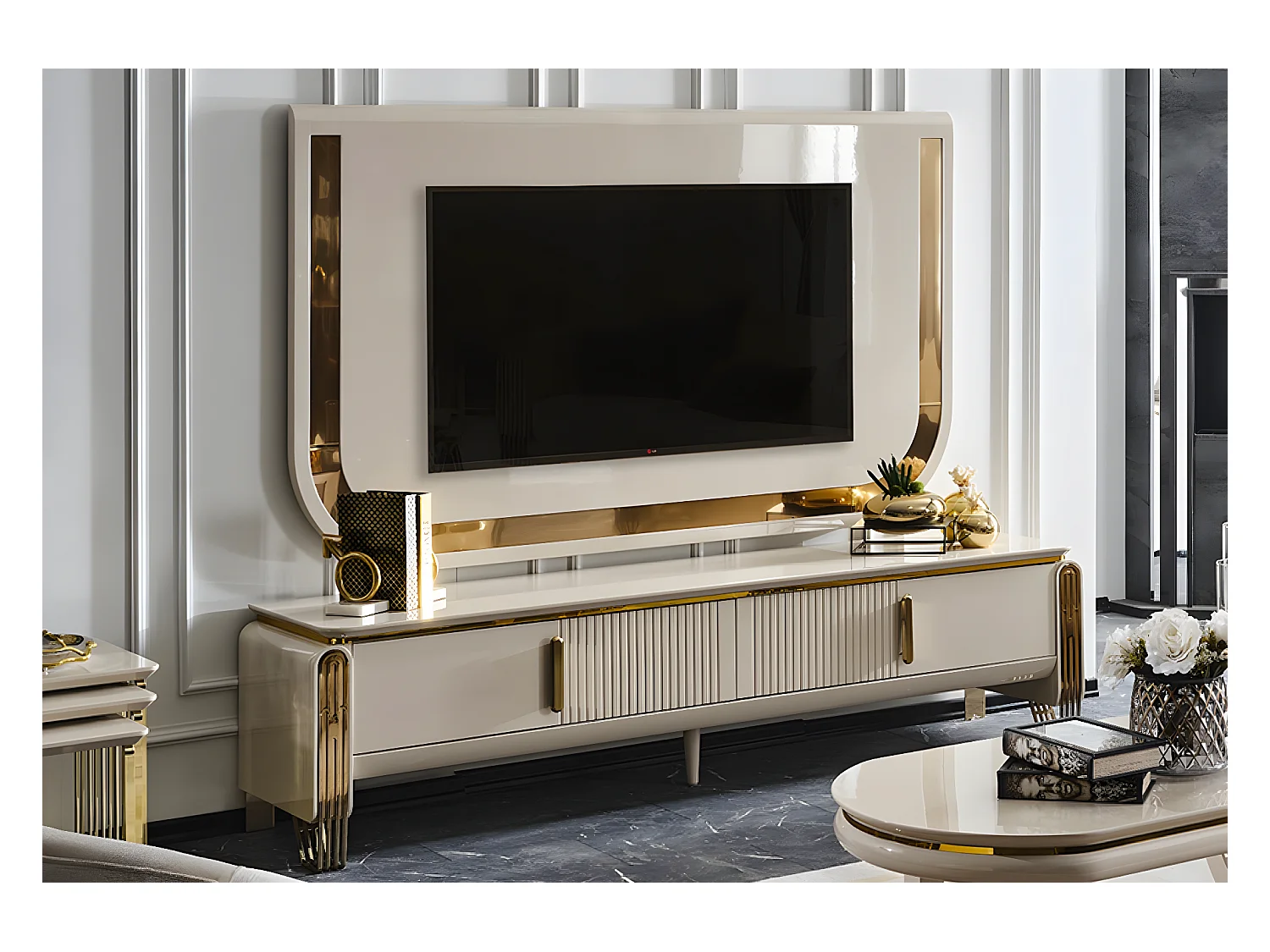 TV Lowboard Jaguar/Beige&Gold