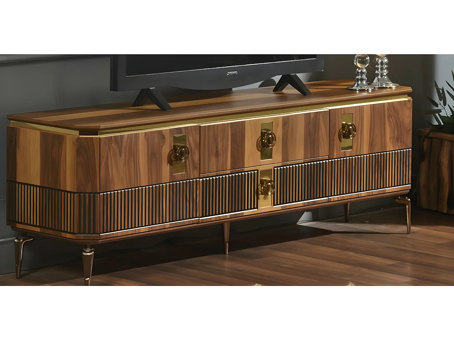 Banc TV/Lux/Portes tournantes et tiroirs/Marron