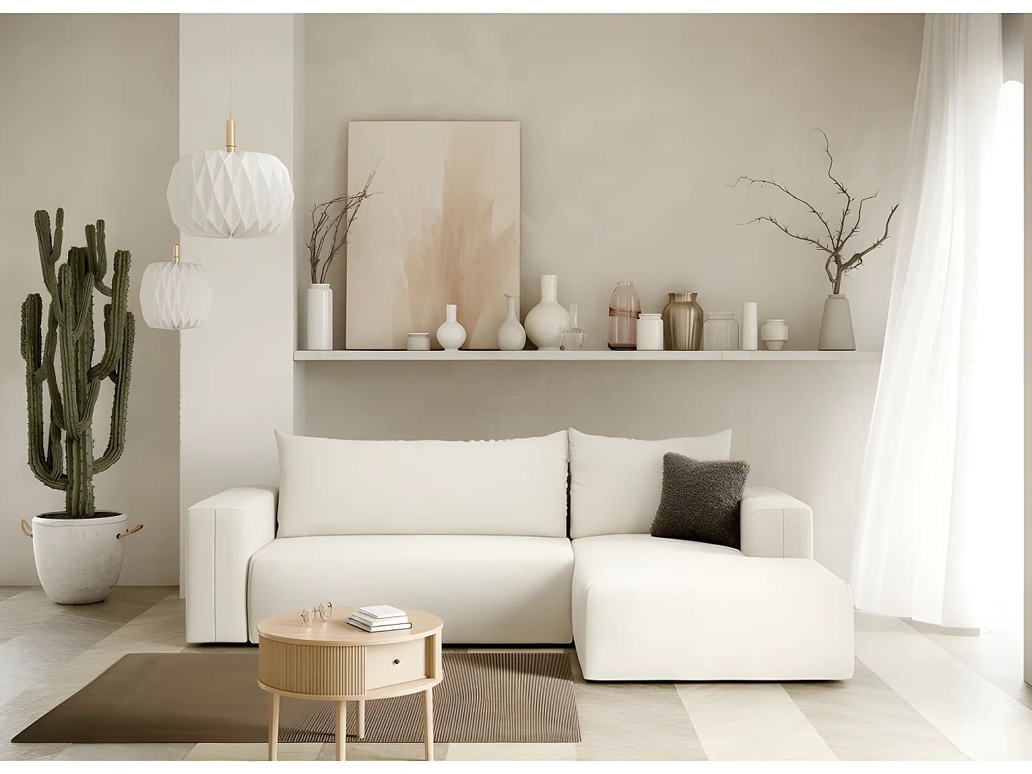 Canapé d'angle convertible LETTO blanc cassé en L angle droit