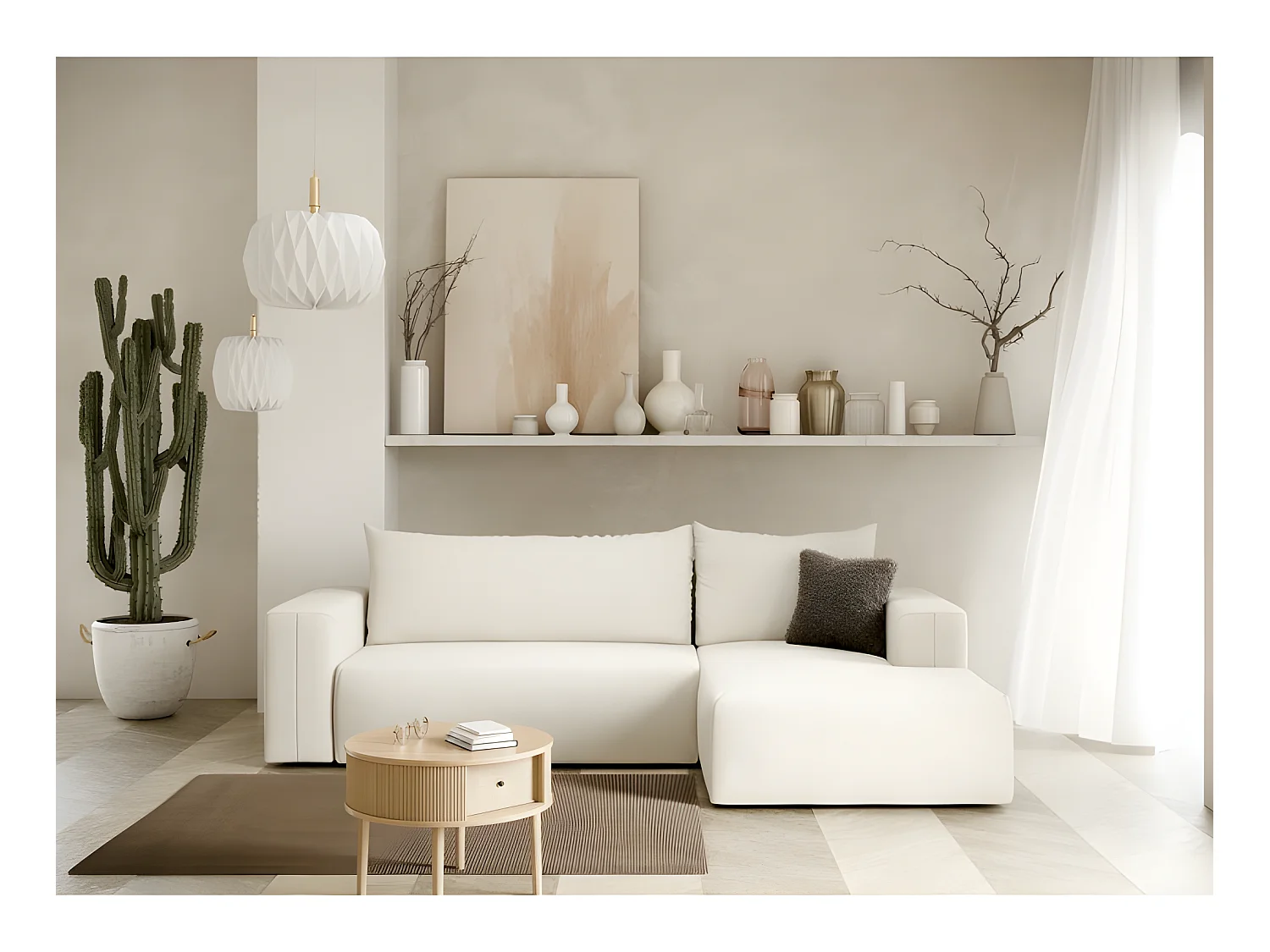 Canapé d'angle convertible LETTO blanc cassé en L angle droit