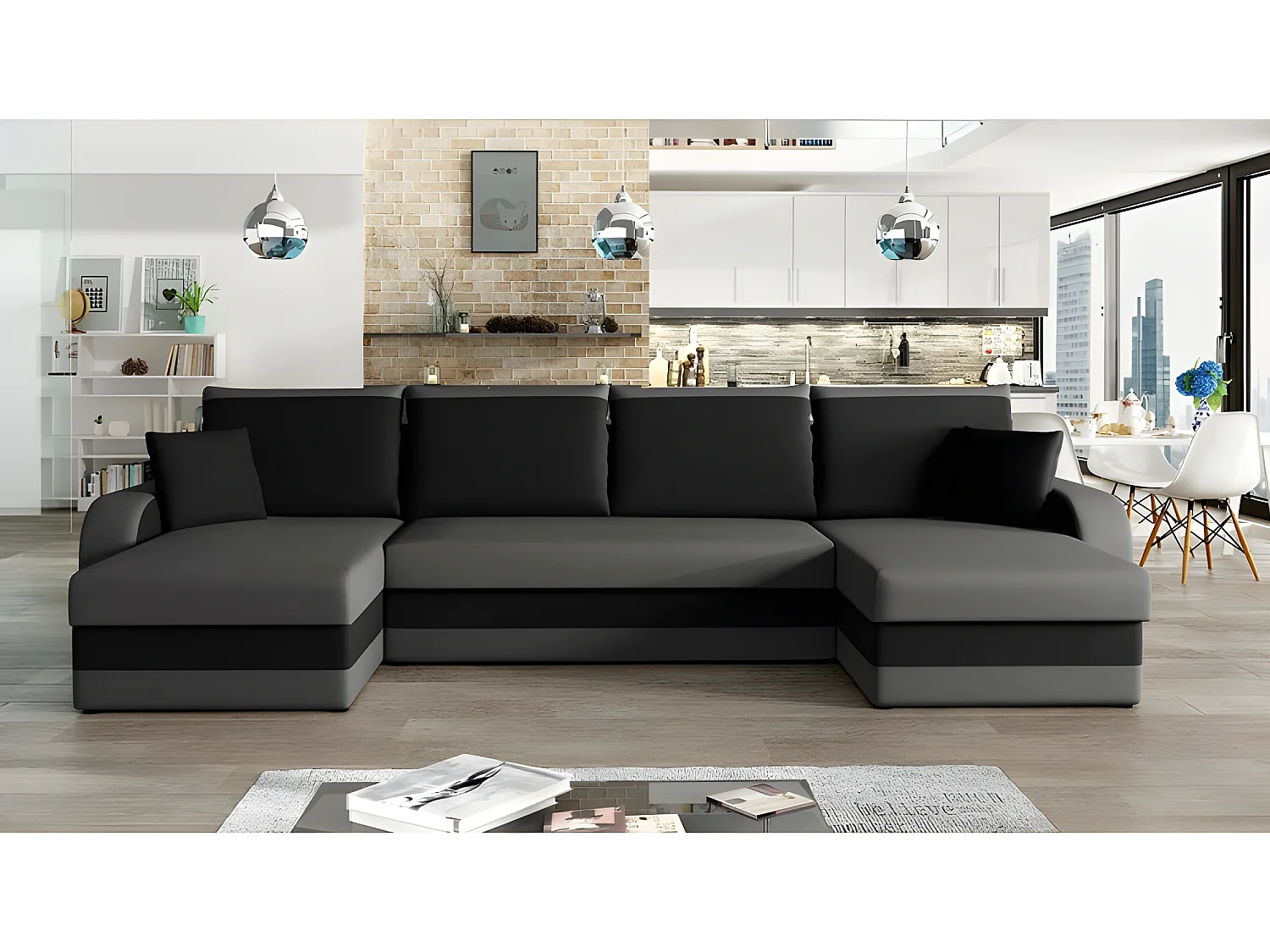 U-vormige hoekbank CHRIS converteerbaar grijs en zwart