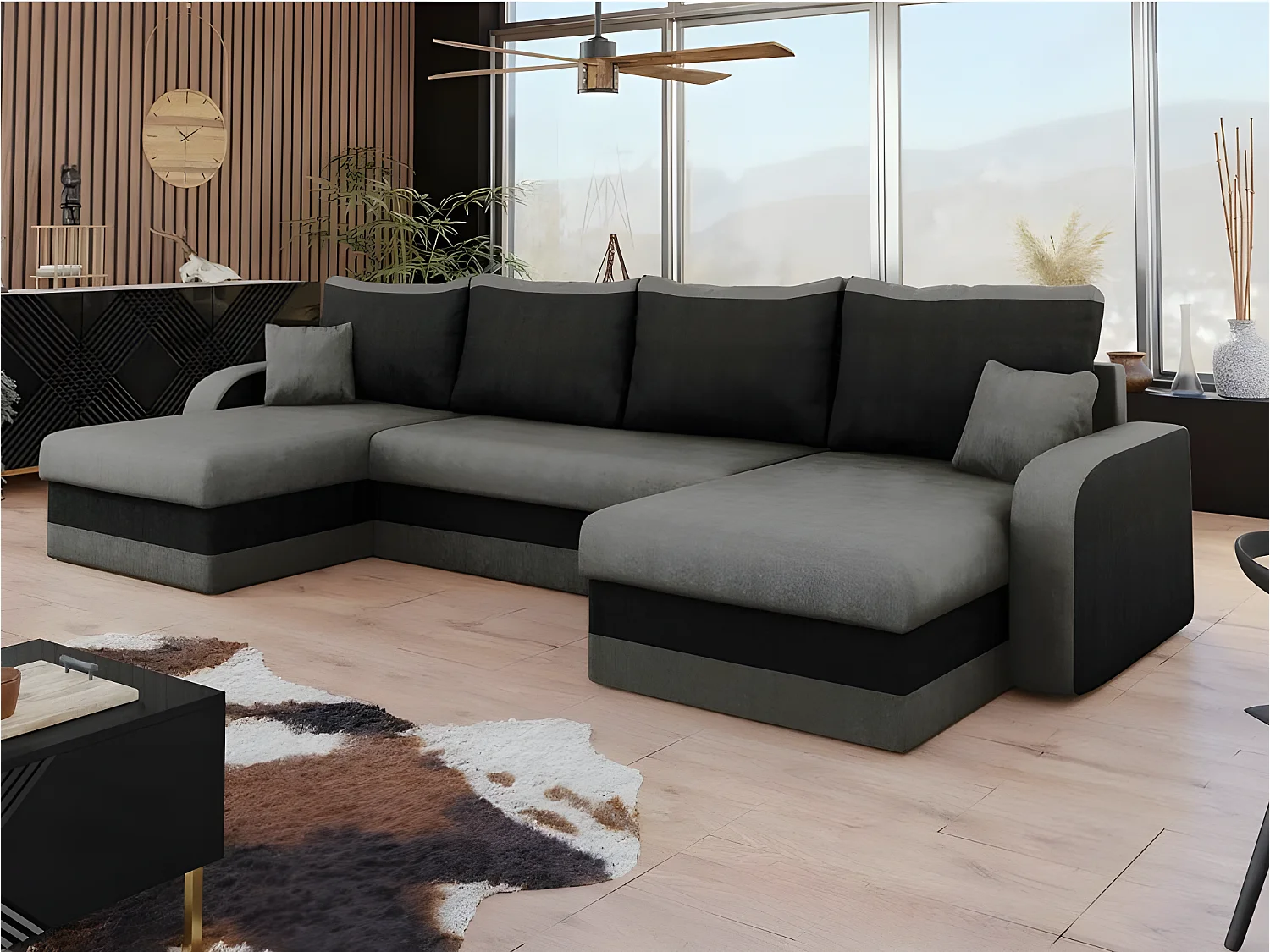 Canapé d'angle en U CHRIS convertible gris et noir