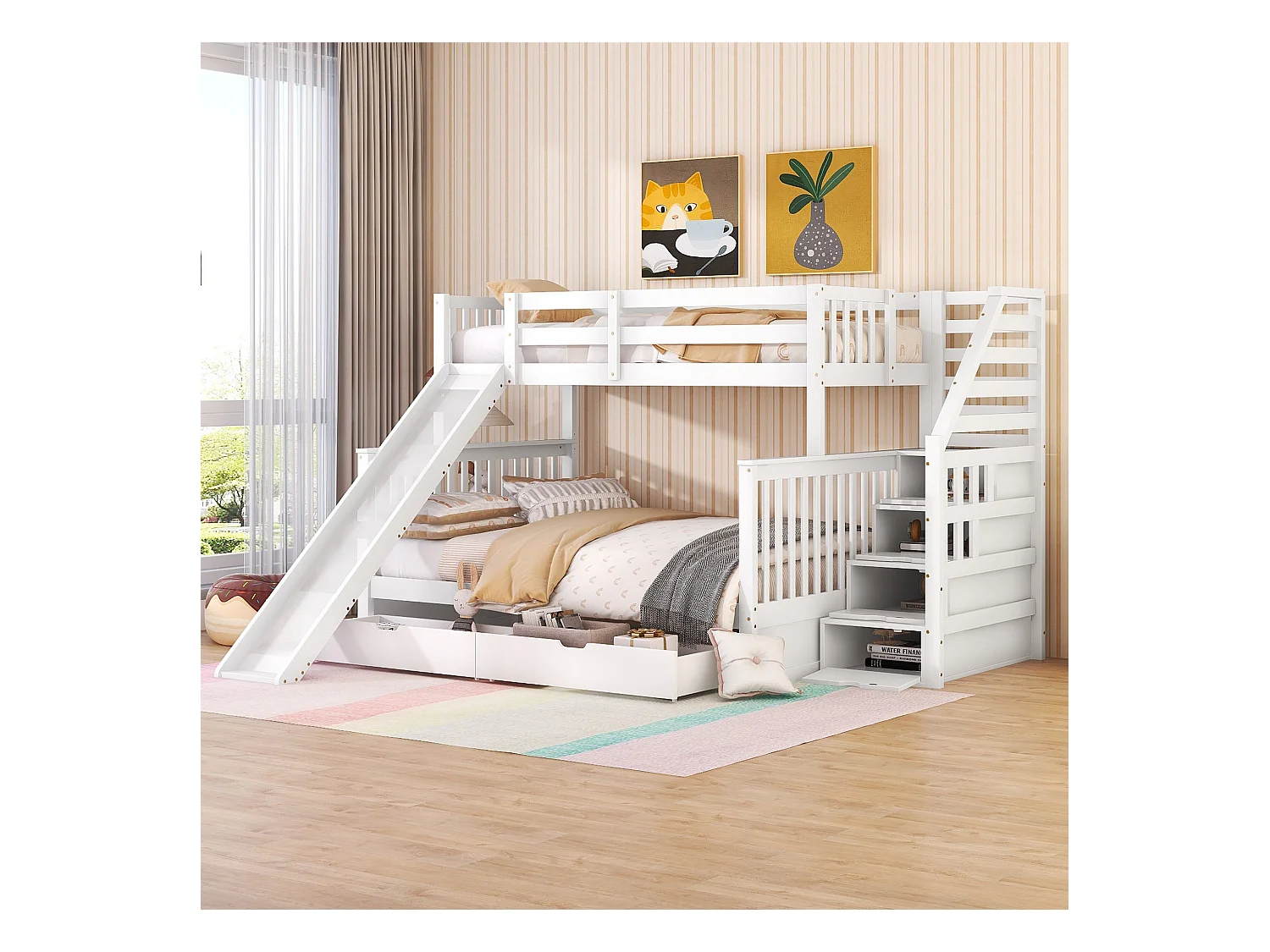 Etagenbett mit Schubladen - 90 x 200 cm + 140 x 200 cm - Leiter, Rutsche und Lattenrost - Weiß