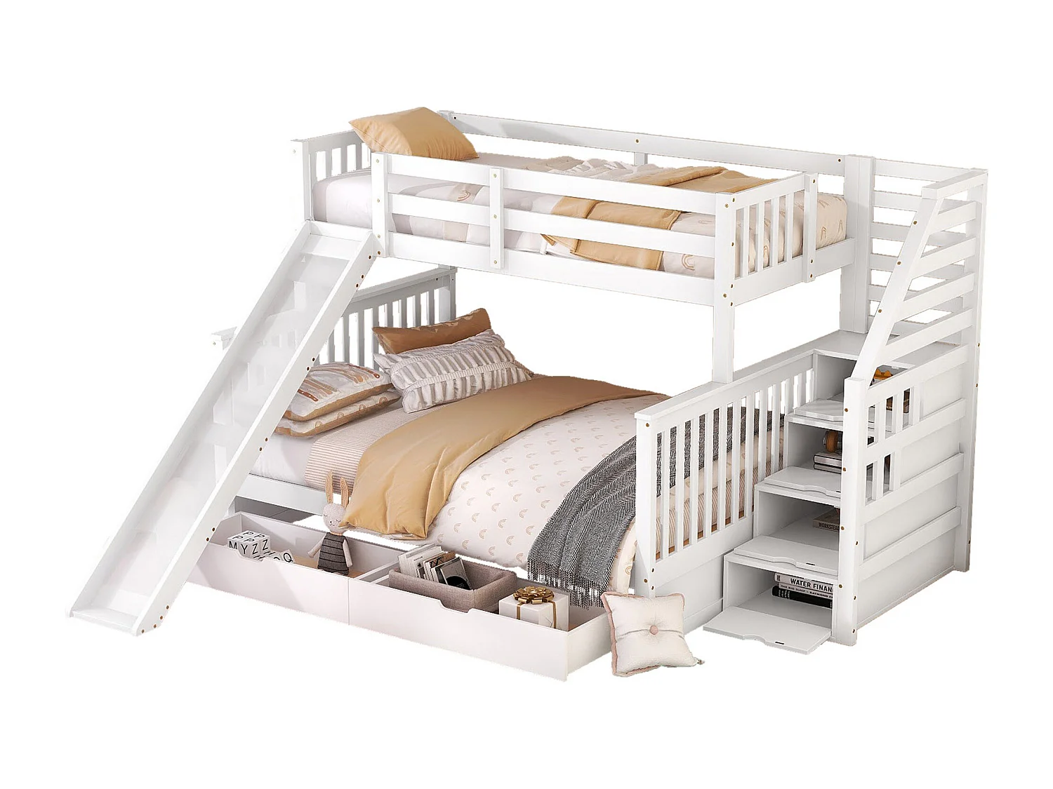 Etagenbett mit Schubladen - 90 x 200 cm + 140 x 200 cm - Leiter, Rutsche und Lattenrost - Weiß