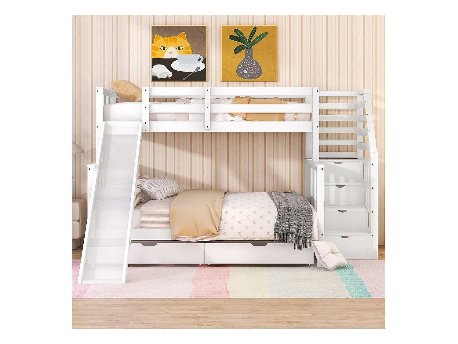 Lit superposé avec tiroirs - 90 x 200 cm + 140 x 200 cm - échelle, toboggan et sommier à lattes - Coloris blanc